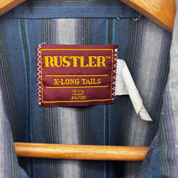 Vintage Rustler Shirt Mens L Gray Blue Striped Western Pearl Snap X-Long Tails 9 - Picture 4 of 4